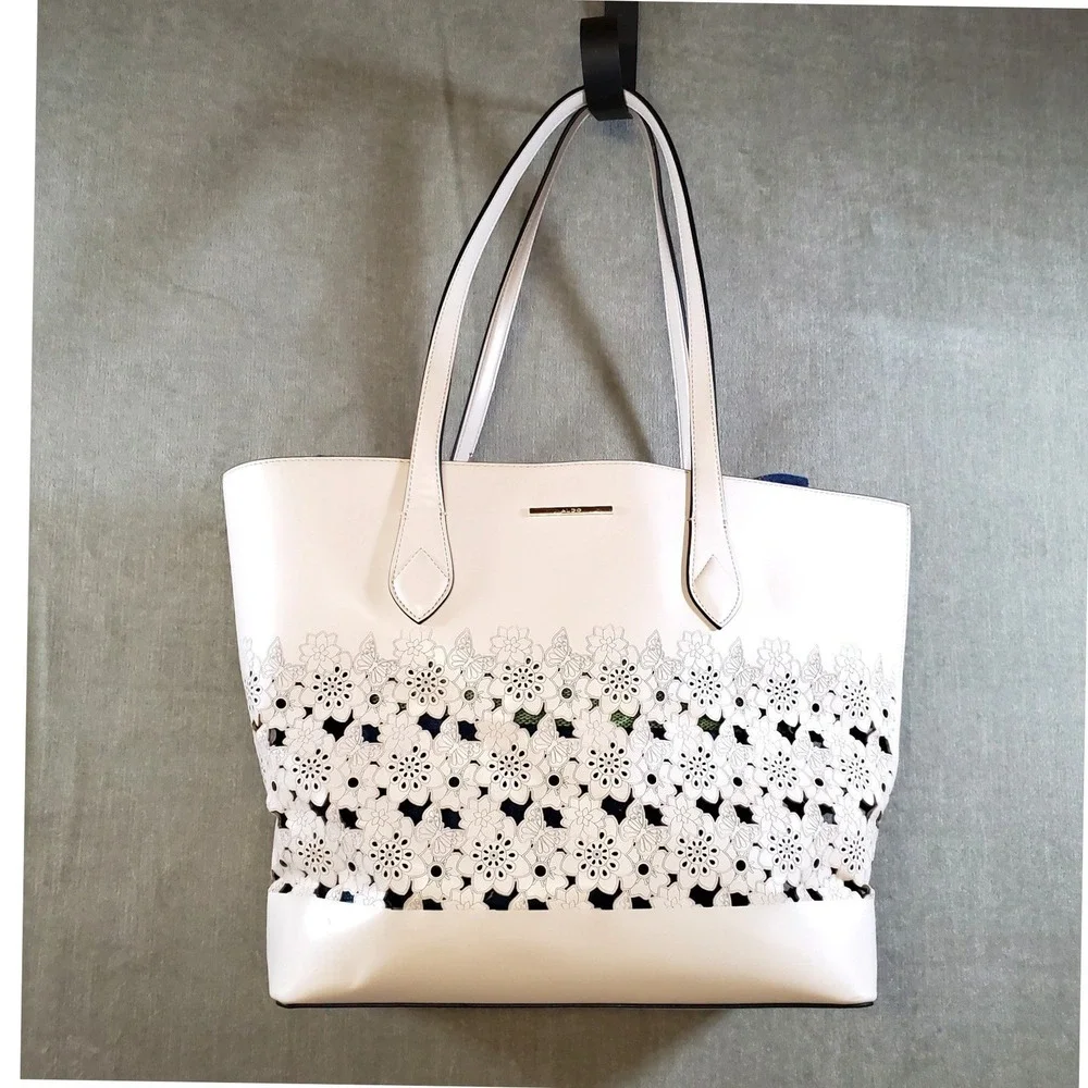 Aldo Cream Floral Laser Cut Tote Bag Gold Hardware Off White Large Handbag